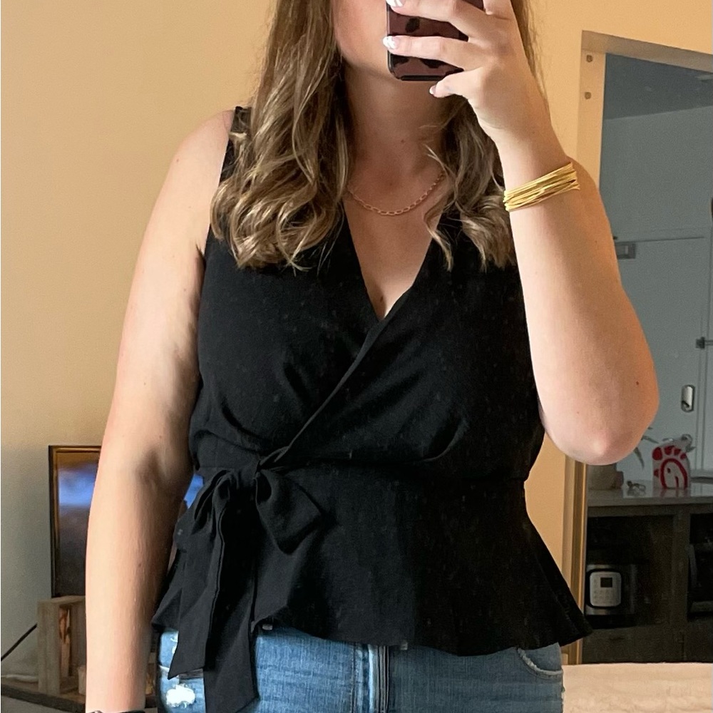 Black faux wrap tie blouse